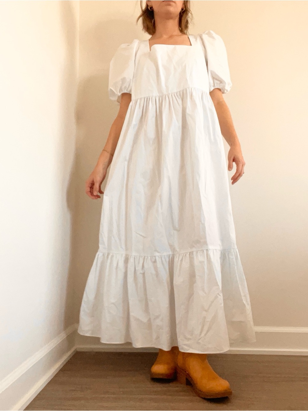 H&M White Puff-Sleeve Square-Neck Maxi Dress